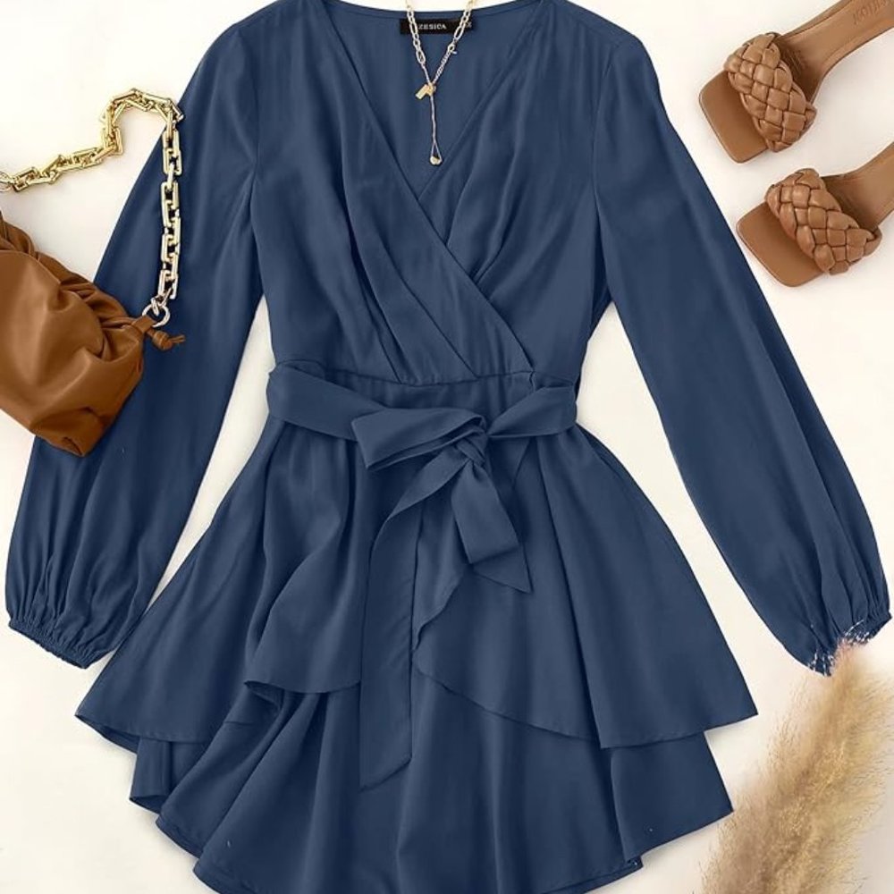 Wrap Dress, V Neck, Long Sleeve, Tie Waist, Ruffle Hem